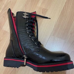 Stunning Black Crocodile Pattern Women's Combat Boots with Red Accents.